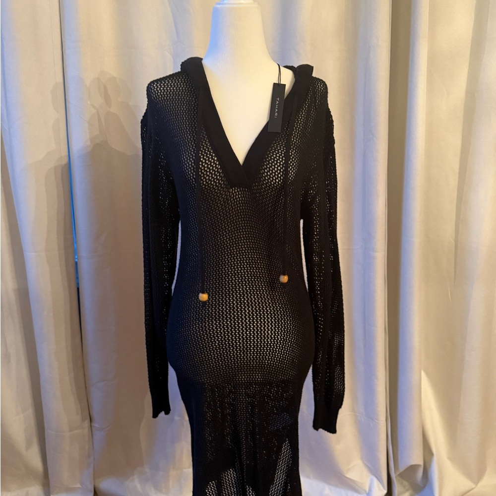 Tahari NWT Black Open-Knit Hooded Maxi
